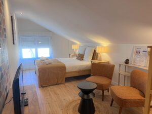 Aménagement d’un studio atypique sous les combles avec coin nuit, fauteuils et décoration chaleureuse.